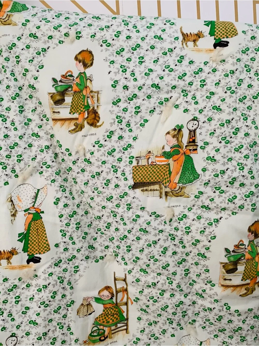 Vintage Holly Hobbie Crib Quilt floral green chores & tasks 70 x 34” flowers